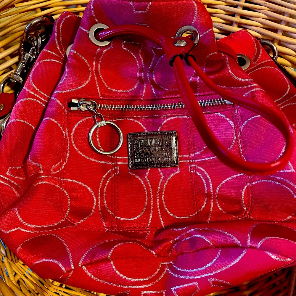 Used Red Coach Drawstring Bag